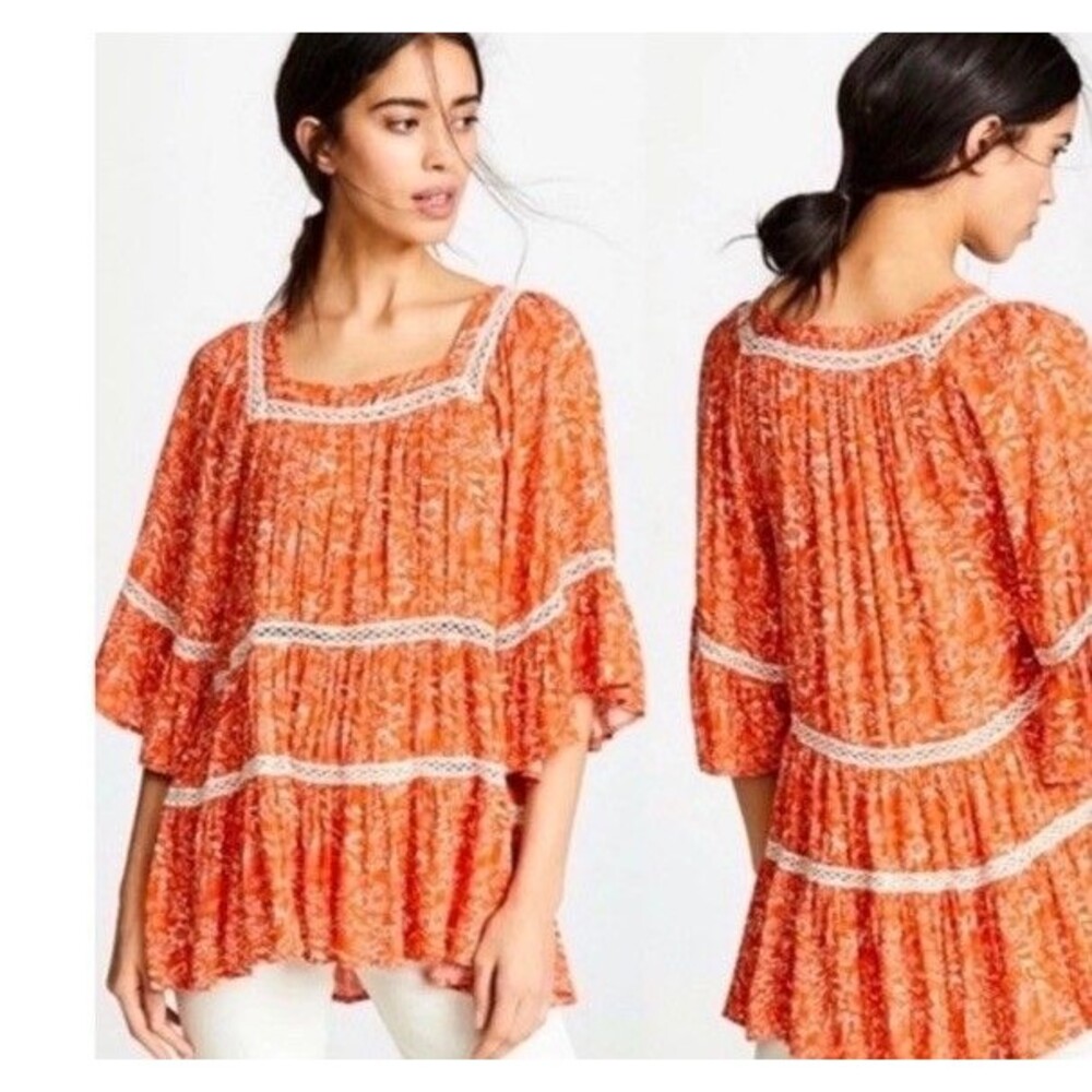 Free People Talk About It Tunic Top Sz M Boho Crochet Tiered Bell Sleeve Orange